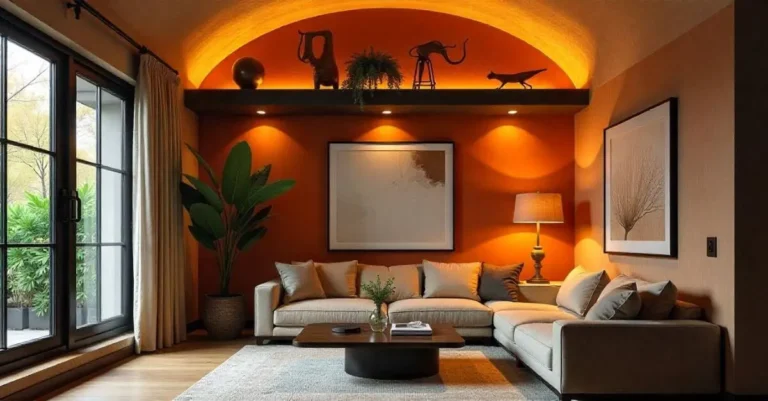 A beautifully decorated living room with a vaulted ceiling ledge adorned with greenery, sculptures, framed artwork, and ambient lighting, creating a cozy and sophisticated atmosphere.