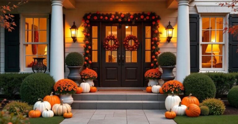 A luxury home’s front porch decorated with pumpkins, autumn wreaths, and warm lighting, creating a welcoming fall ambiance.