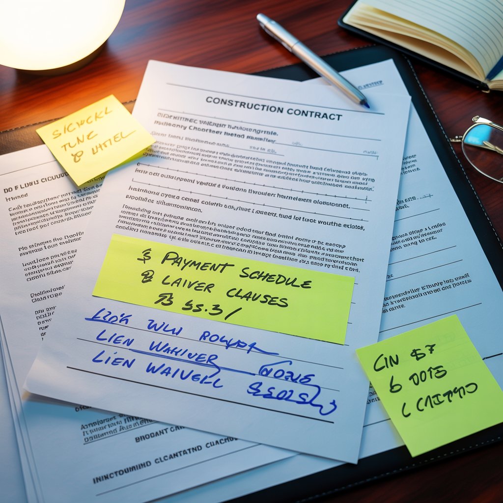 Annotated construction contract highlighting payment schedule and lien waiver clauses