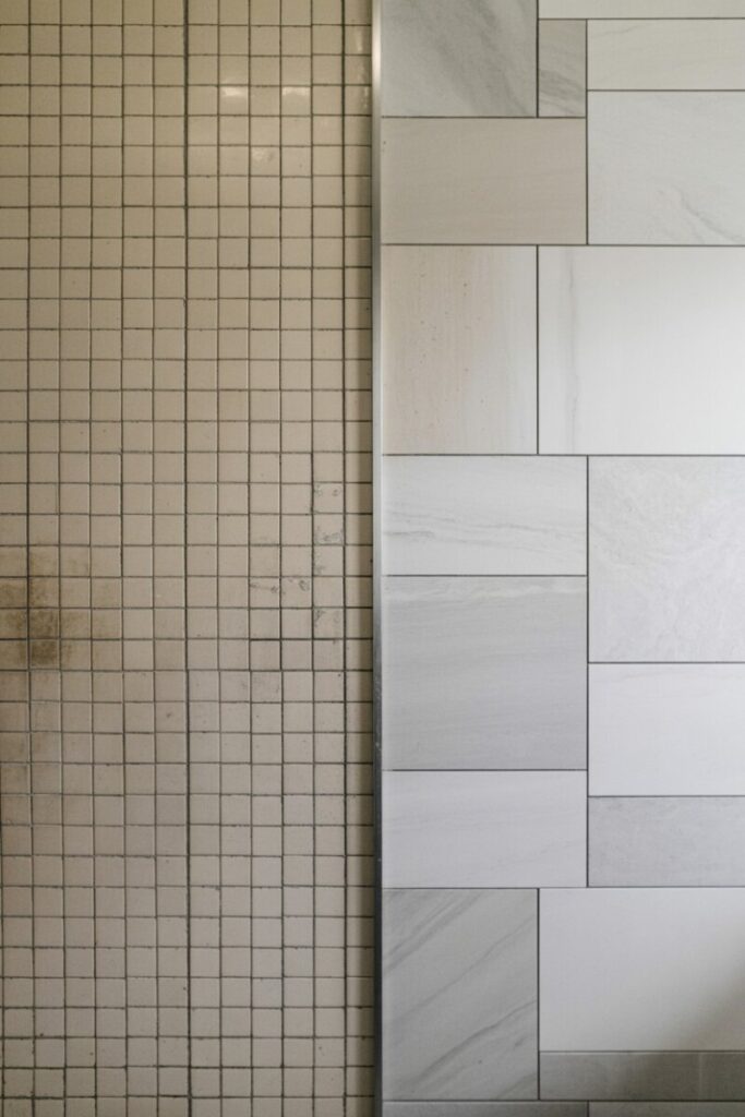Beforeafter split — dated builder-grade 4×4 tile next to a refreshed slab install.