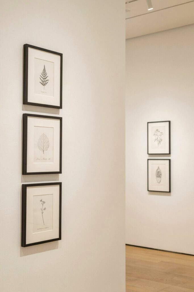 Close-up of a gallery wall corner showing wide white mats inside thin black frames with botanical line drawings.