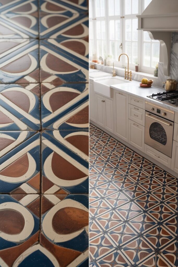 Close-up of encaustic tile pattern next to a full kitchen shot showing scale.
