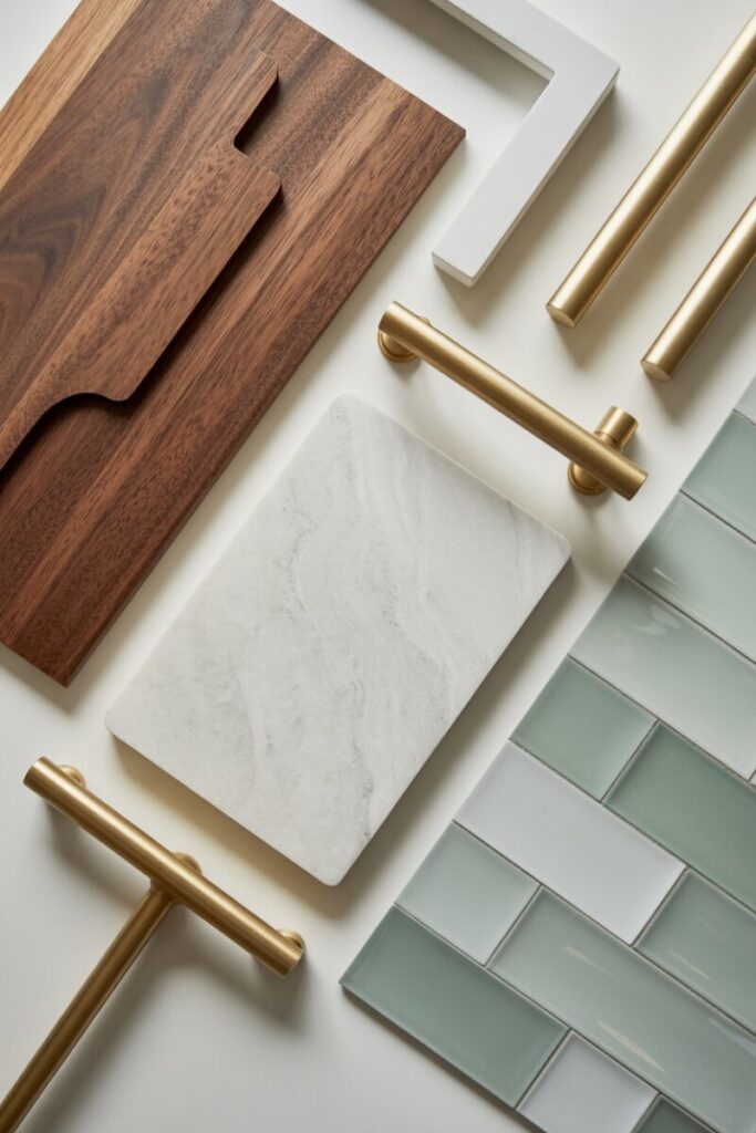 Mood board collage — cabinet swatch, countertop sample, backsplash tile, and hardware laid flat.