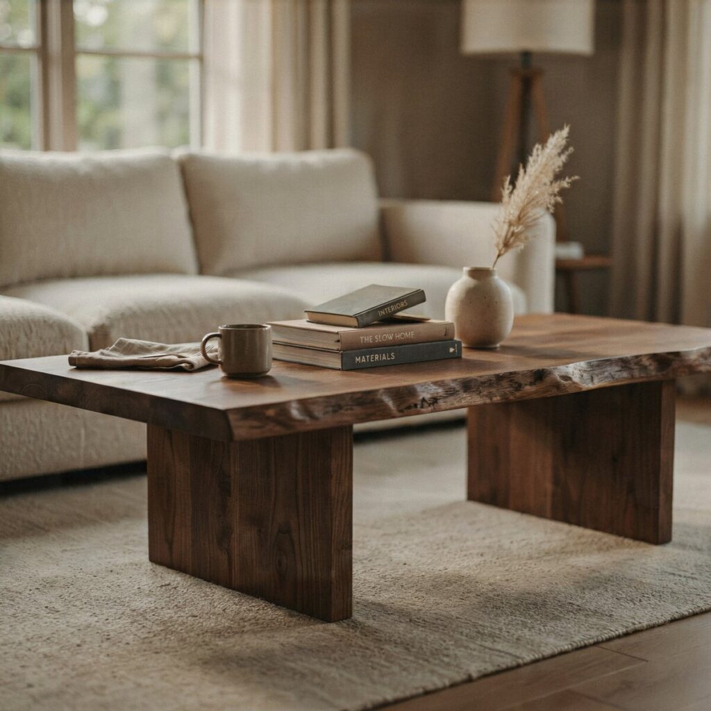 Dark Wood Coffee Table Anchored with Soft Upholstery