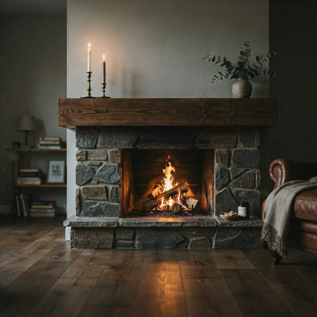 Dark Wood Fireplace Surround with Textured Stone