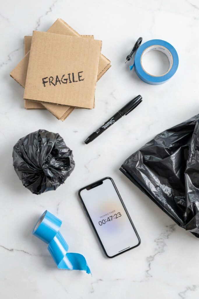Decluttering supplies flat lay including heavy-duty trash bags, cardboard boxes, painter's tape, and a smartphone timer