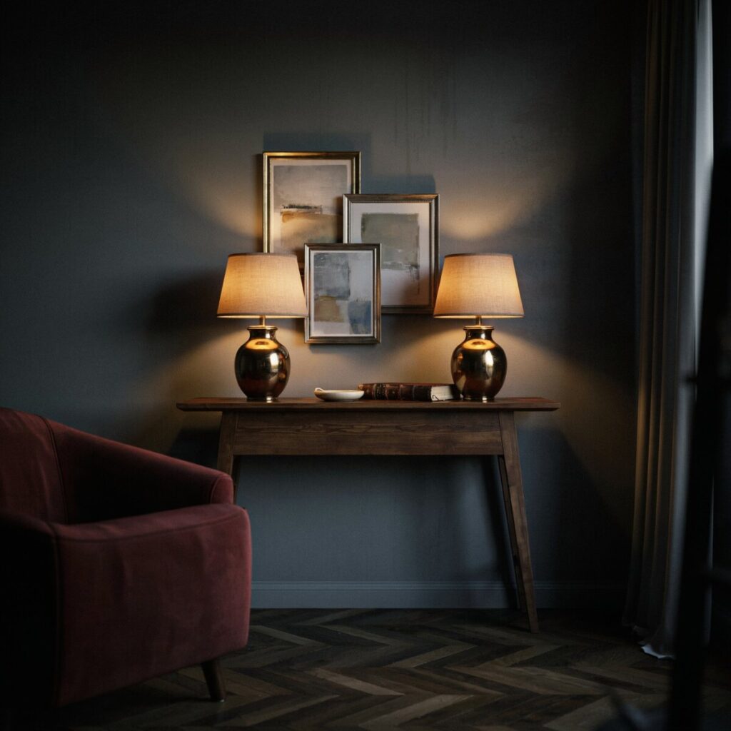 Moody Palette Charcoal Walls + Dark Wood + Brass Accents