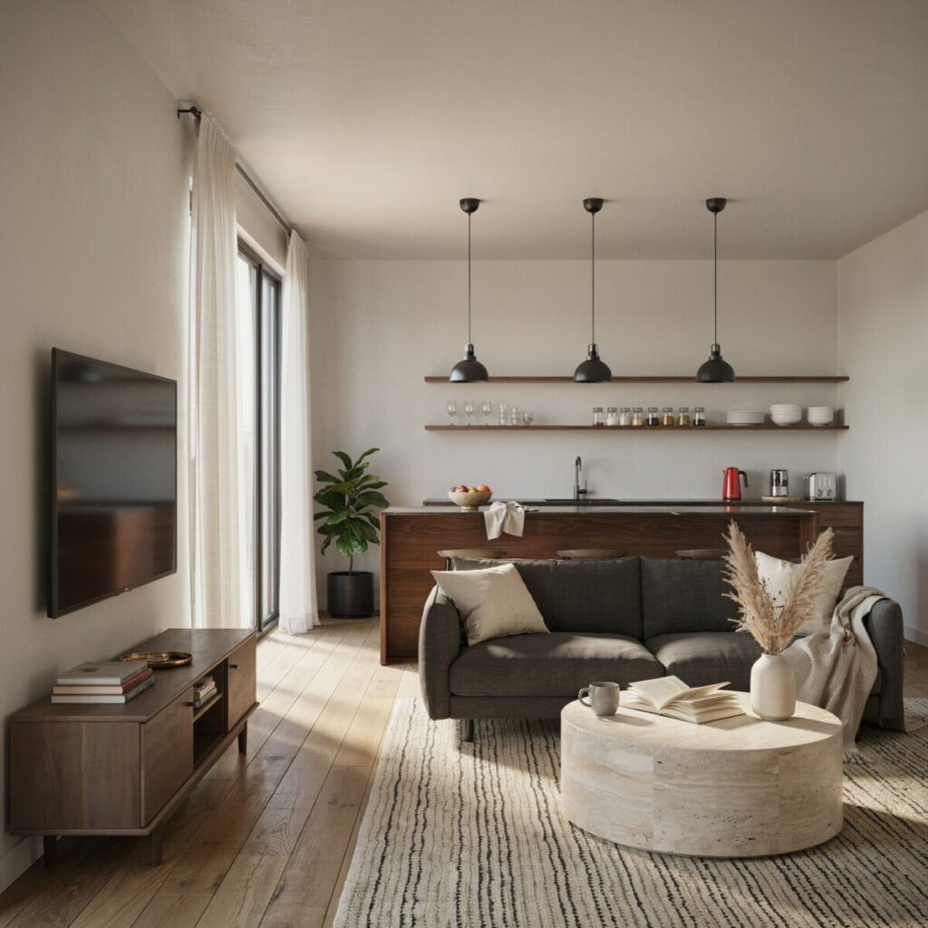 Open Concept Living Room Dark Wood Kitchen Island Continuity