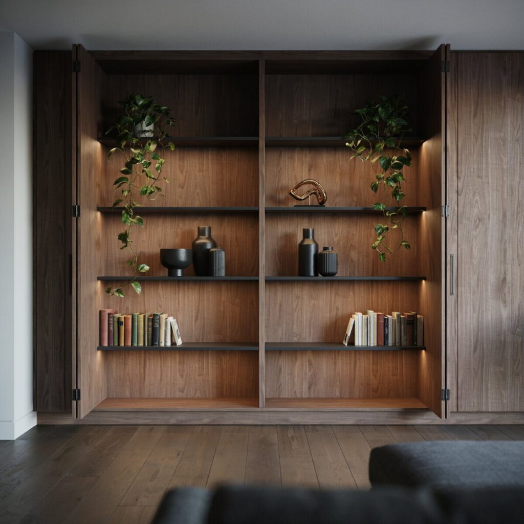 Walnut Media Wall with Built-In Shelving