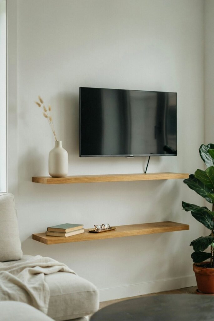 A corner TV setup with two shallow floating shelves styled with a single ceramic vase, maximizing a small apartment living room.