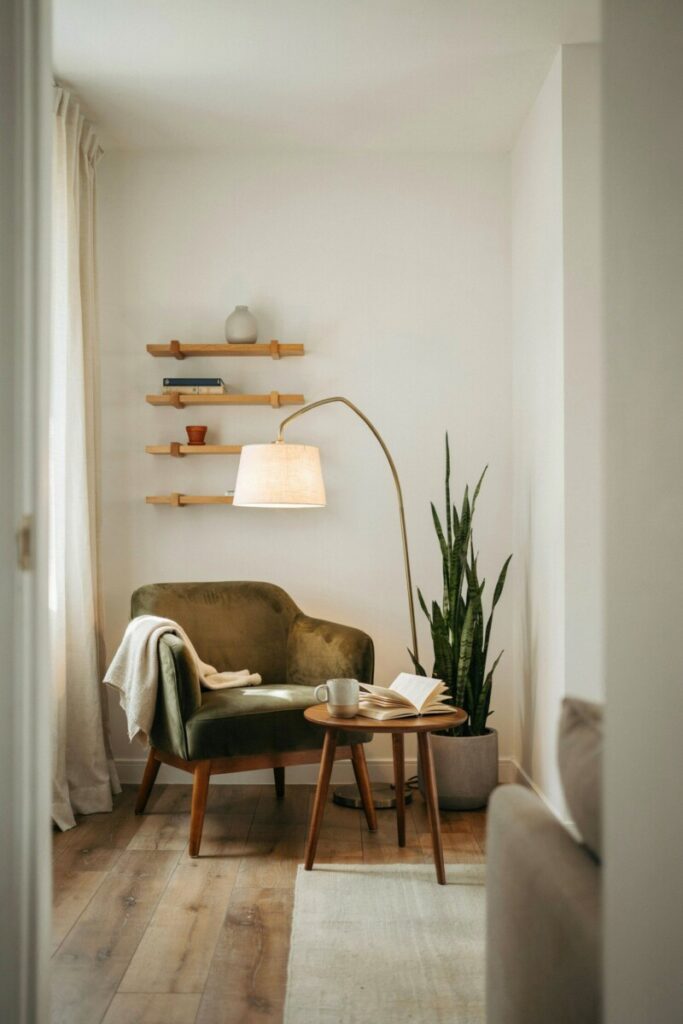 A cozy reading nook at the end of a long living room using vertical space and an accent chair.