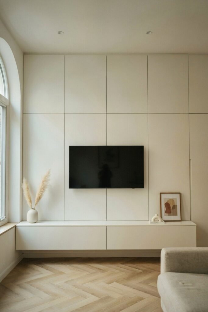 A flush, handle-free media wall with storage painted warm white, the TV as the only dark rectangle in the composition.