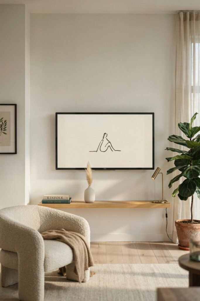 A frame-style TV displaying a minimal line drawing in a sunlit living room, nearly indistinguishable from framed art.