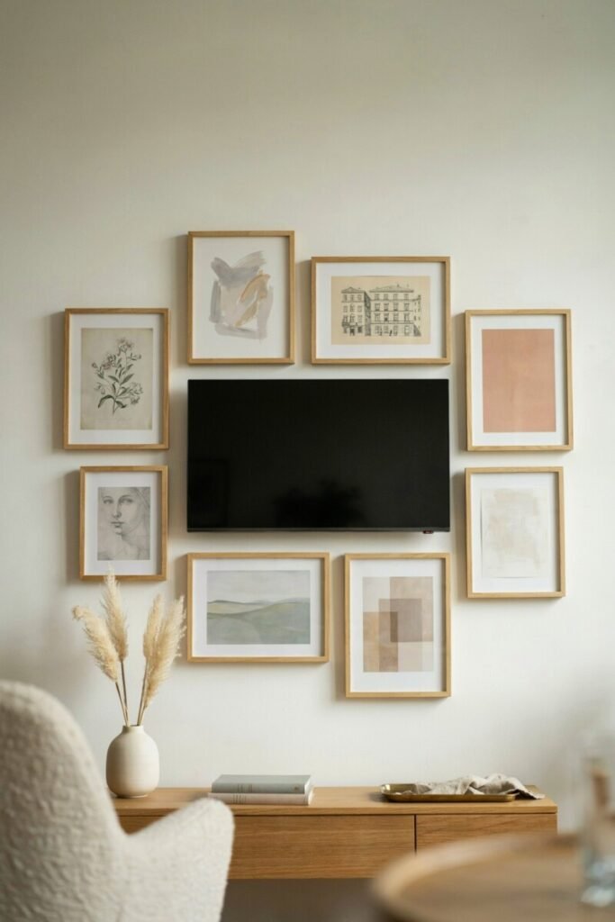 A gallery wall around a TV with thin oak frames and neutral prints, the screen sitting as one piece of the composition.