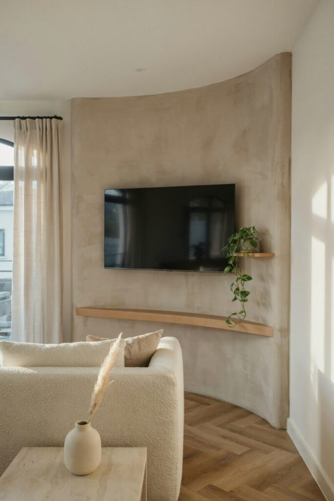 A gently curved microcement feature wall cradling a wall-mounted TV, with a cream boucle sofa in the foreground