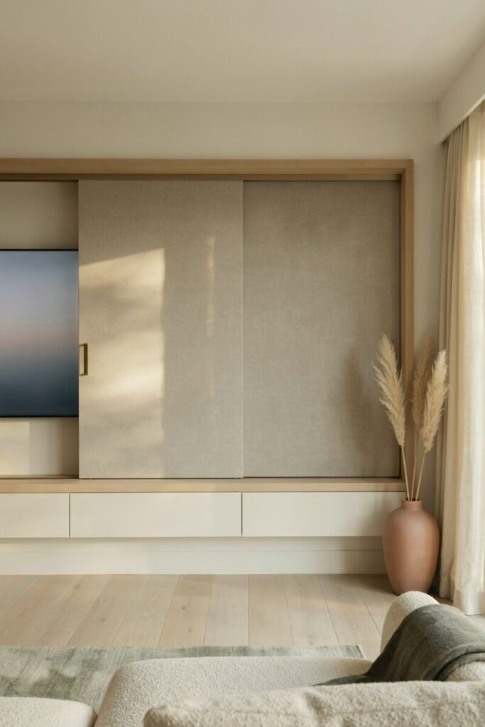 A linen-textured sliding panel gliding across a recessed TV, transforming the media wall into seamless artwork