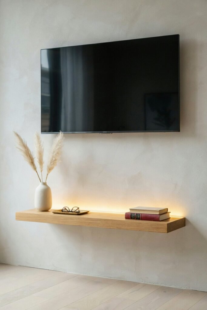 A low-profile floating console in natural oak beneath a wall-mounted TV, with a warm LED strip creating a soft halo effect.