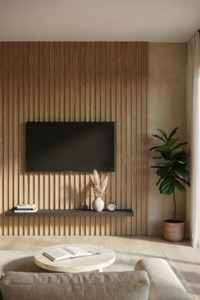 A mixed-material TV wall pairing fluted wood, a slim black steel shelf, and warm plaster in a modern American living room.
