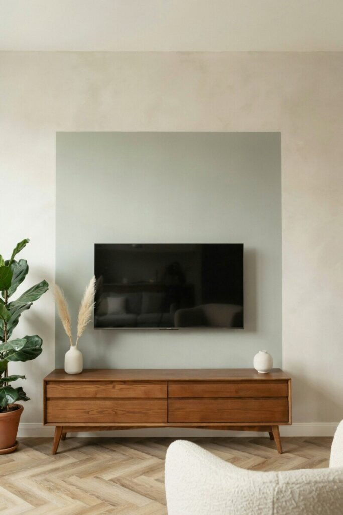 A muted sage color-block rectangle painted behind a wall-mounted TV, grounding the screen like a framed print