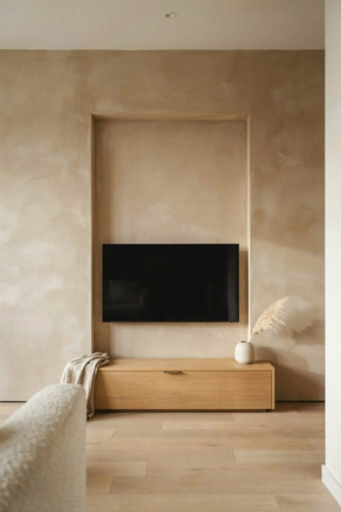 A recessed plaster finish TV niche in warm microcement, the screen sitting flush within soft shadow lines.