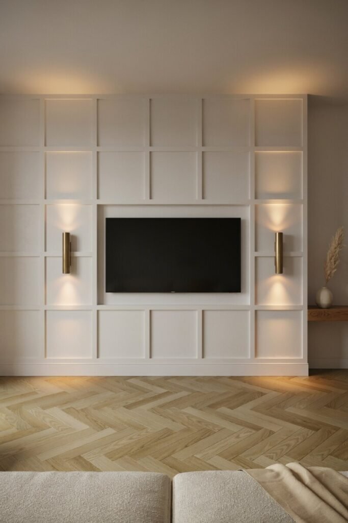 A square grid millwork TV wall in warm white, flanked by two slim brass sconces casting a soft glow.