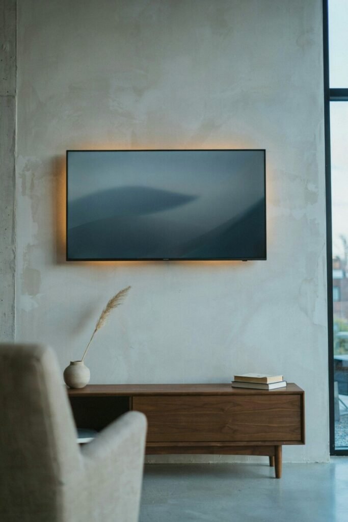 A wall-mounted TV with warm LED backlighting casting a soft halo onto a limewash wall at dusk.