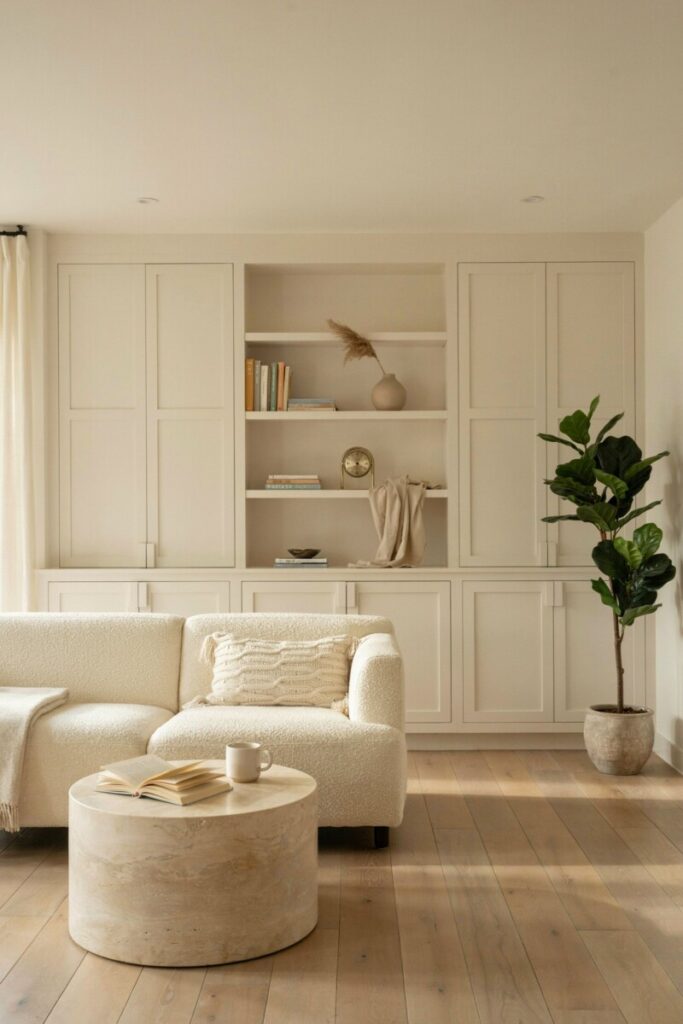 Clutter-free warm minimalist living room with smart built-in storage and decorative woven baskets