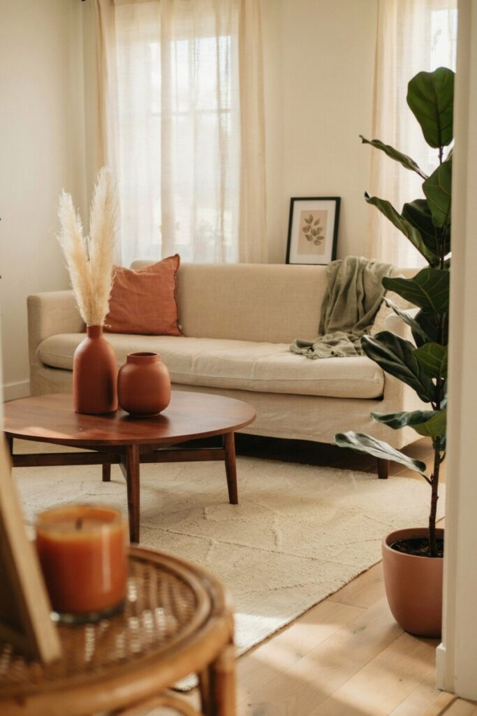 Earthy tone accents including terracotta, sage green, and clay ceramics in a warm neutral living room