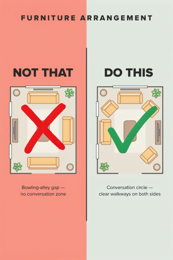 Furniture placement comparison showing why floating furniture works better in awkward living room layouts.