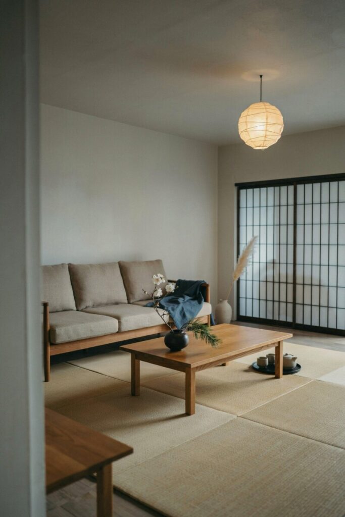 Japandi living room design featuring low-profile wood furniture, shoji screens, and mindful minimalist decor