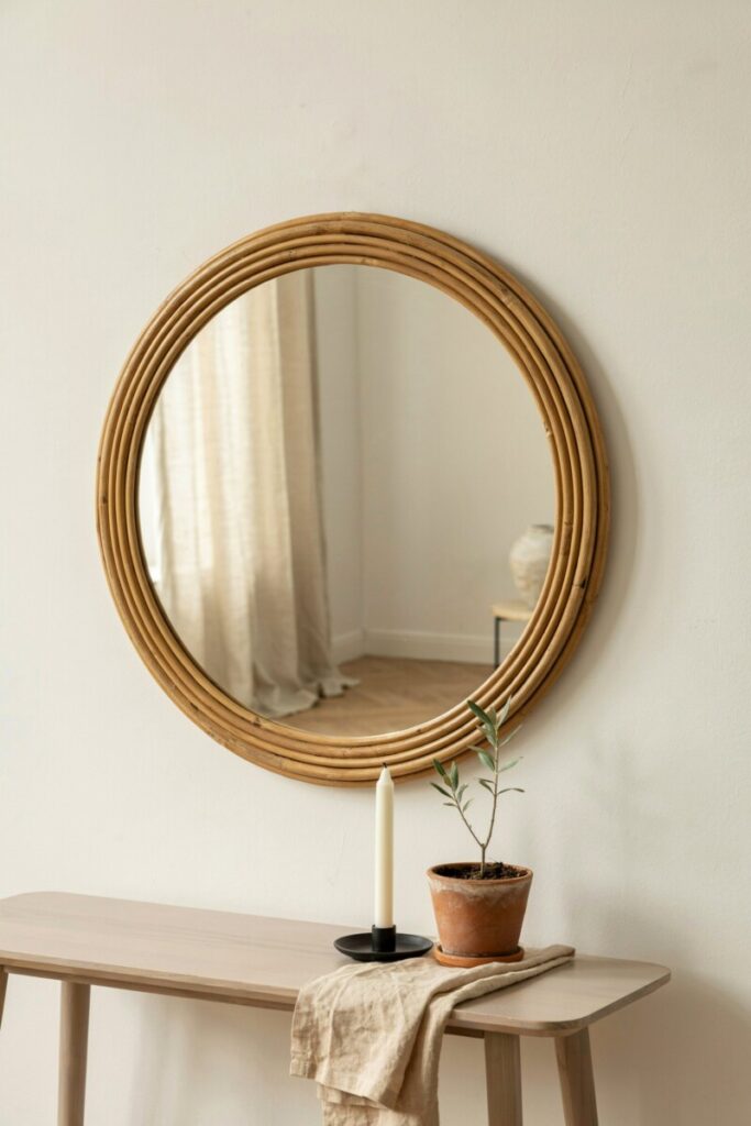 Minimalist wall decor featuring a single large abstract artwork and natural wood floating shelf