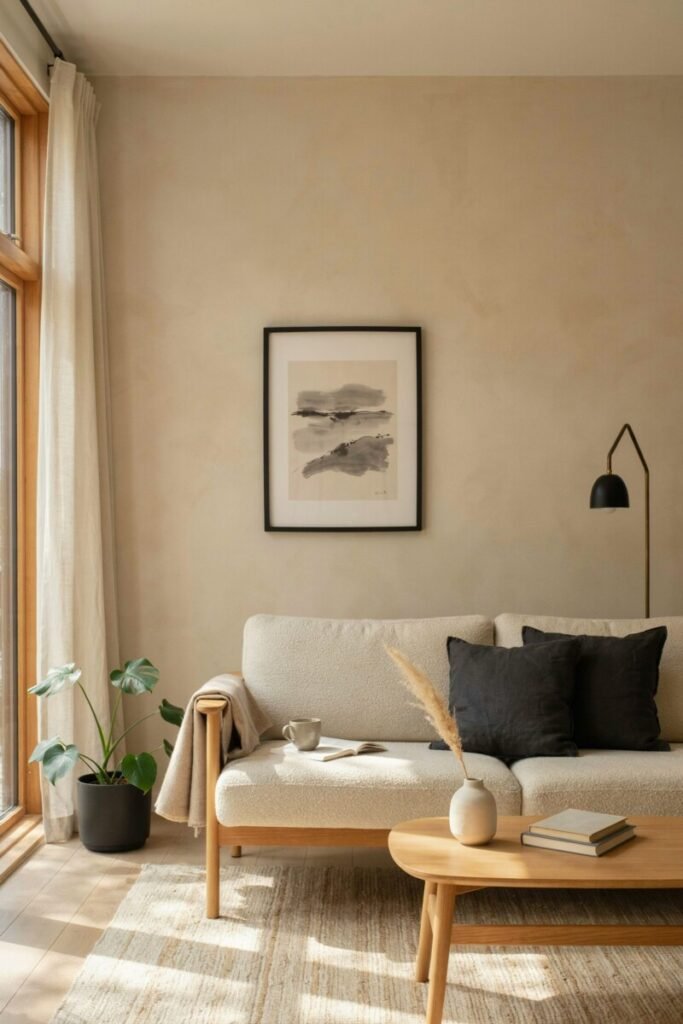 Mix Black Accents with Warm Woods and Soft Neutrals