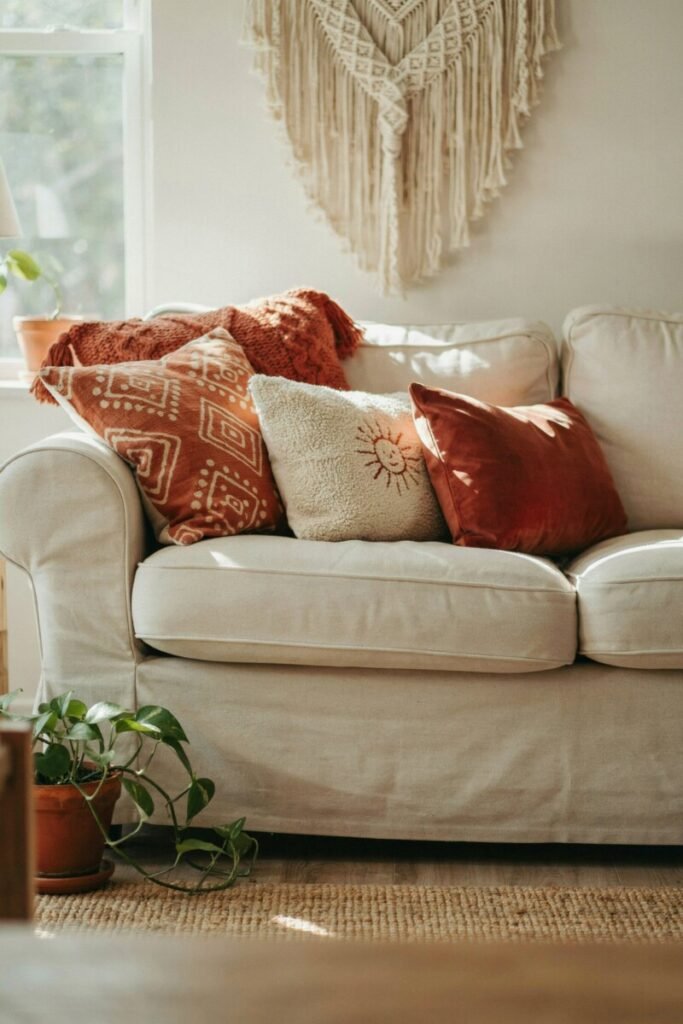 Mix Earthy Throw Pillows and Textured Covers