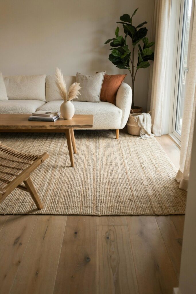Natural jute and wool fiber rugs anchoring a cozy minimalist living room seating area
