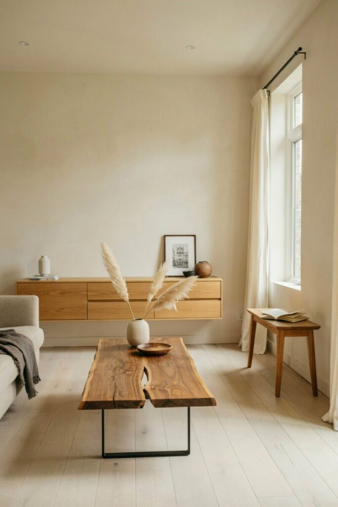 Natural walnut and oak wood furniture anchoring a serene warm minimalist living room