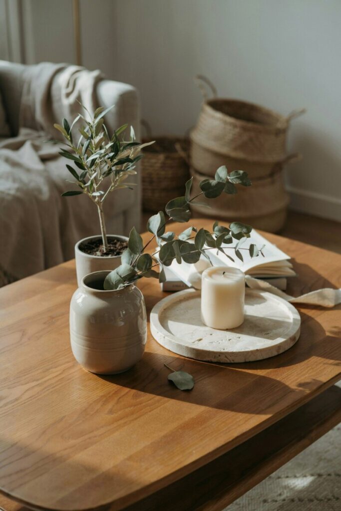 Organic modern decor elements including hand-thrown ceramics, dried botanicals, and natural stone on a walnut coffee table