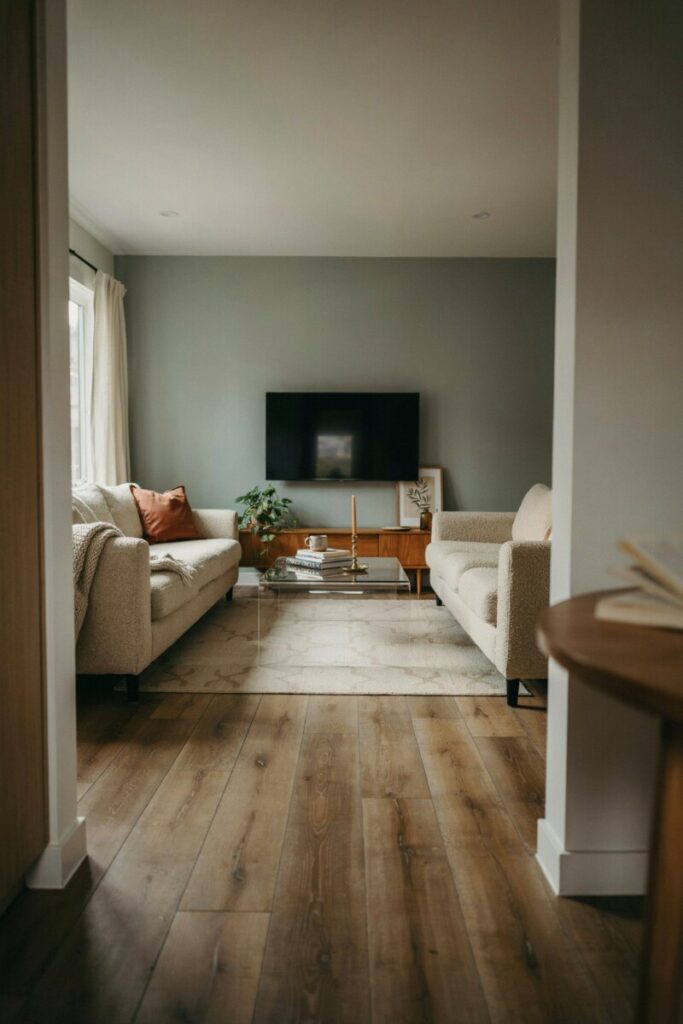 TV viewing layout for a long narrow living room with a sectional sofa facing a mounted television.