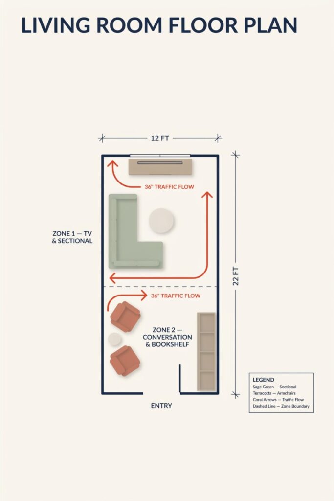 Top-down floor plan showing furniture arrangement and traffic flow in a 12x22 long narrow living room.