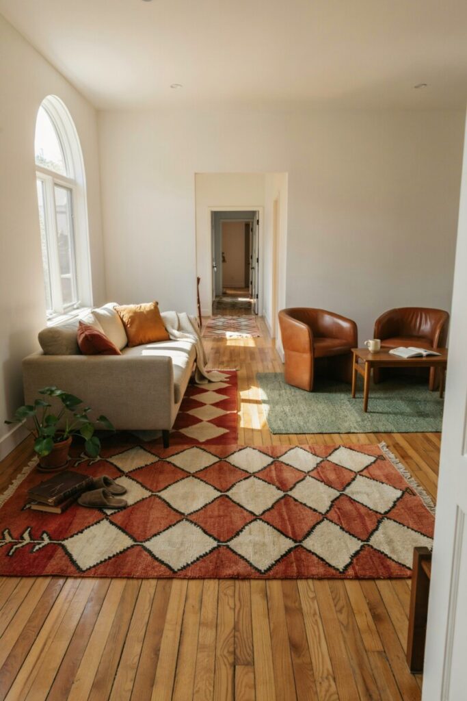 Using area rug placement to define separate zones in a narrow living room layout.