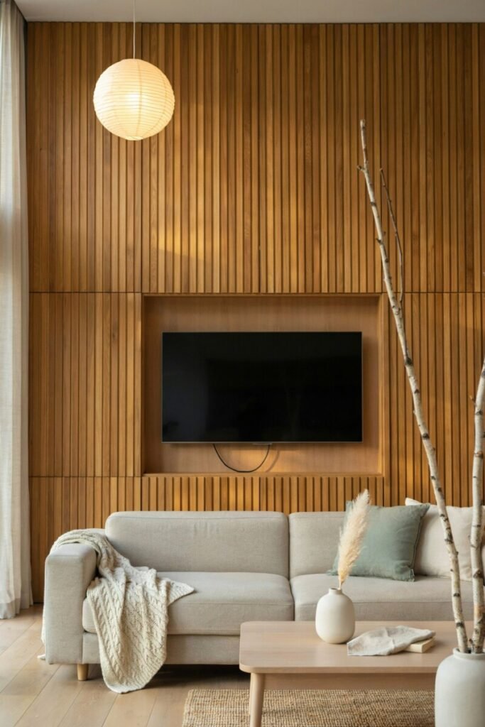 Vertical oak slats framing a wall-mounted TV in a Japandi living room with a low linen sofa and paper lantern.