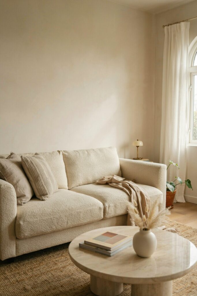 Warm neutral palette inspiration for a cozy minimalist living room featuring cream, beige, and taupe tones