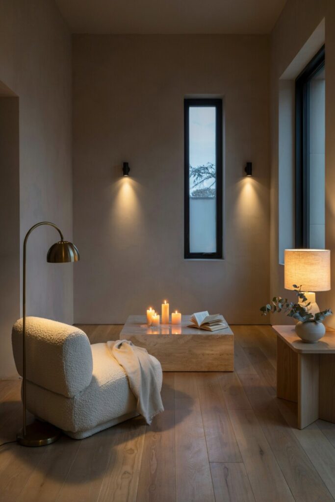 Warm soft lighting from candles, floor lamps, and linen-shaded table lamps creating a cozy evening atmosphere