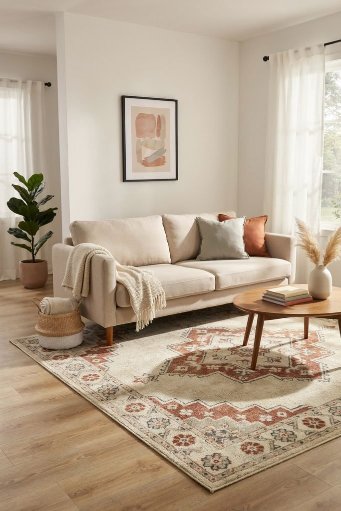 Use a Large Area Rug to Ground the Room